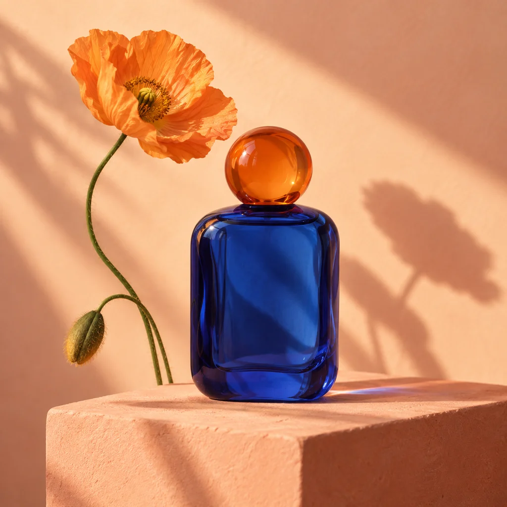 Illustrative studio photograph of a cobalt blue perfume bottle on a peach backdrop
