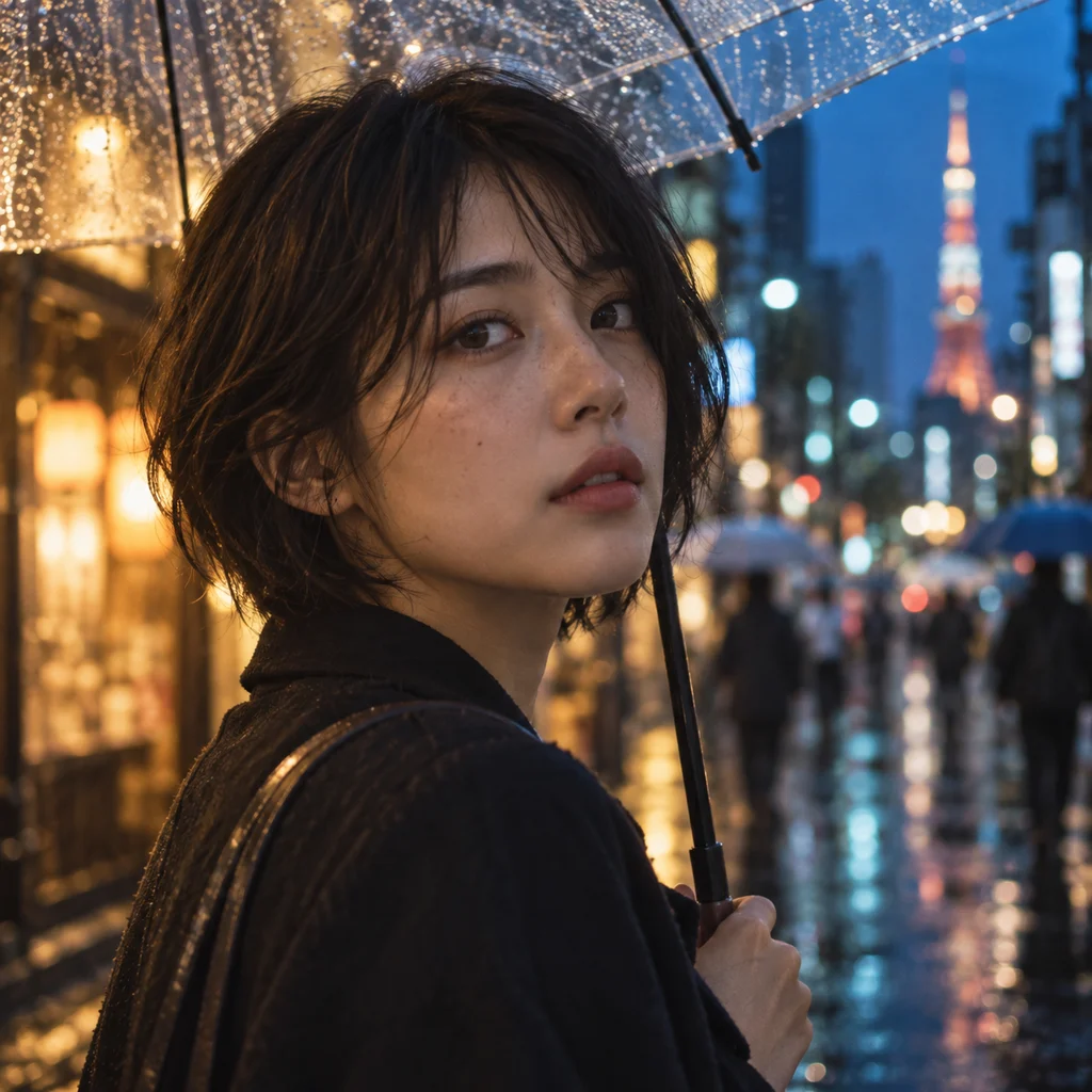 Blue-hour rain portrait