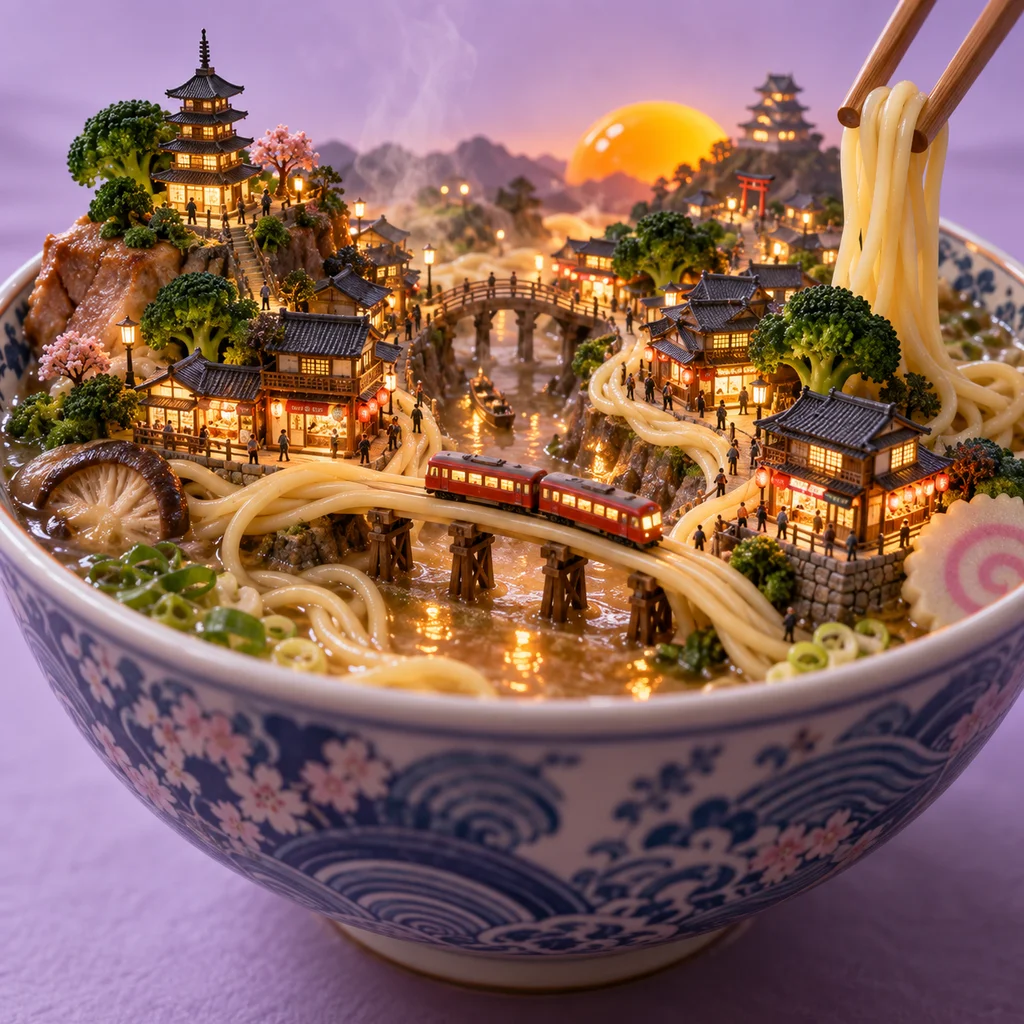 A miniature illuminated city built inside a ramen bowl