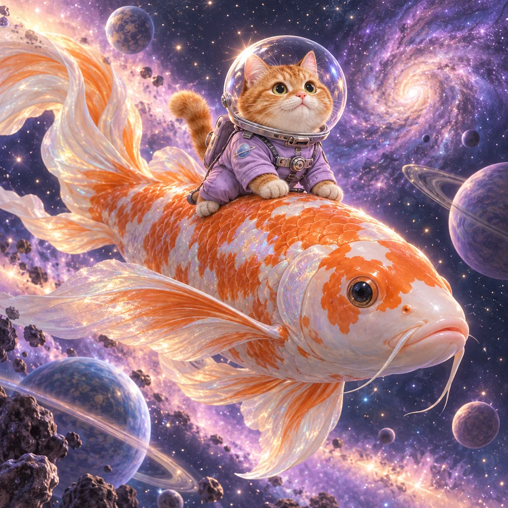 An astronaut cat riding a giant koi through space